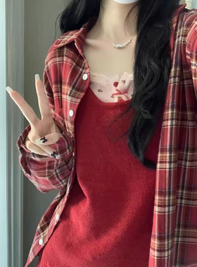 AMBER LIGHT韩版慵懒风红色格子长袖衬衫女大码宽松休闲外搭上衣