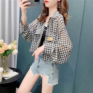 外套宽松短款 千鸟格防晒衬衫 衬衣设计感小众开衫 长袖 上衣 女夏薄款
