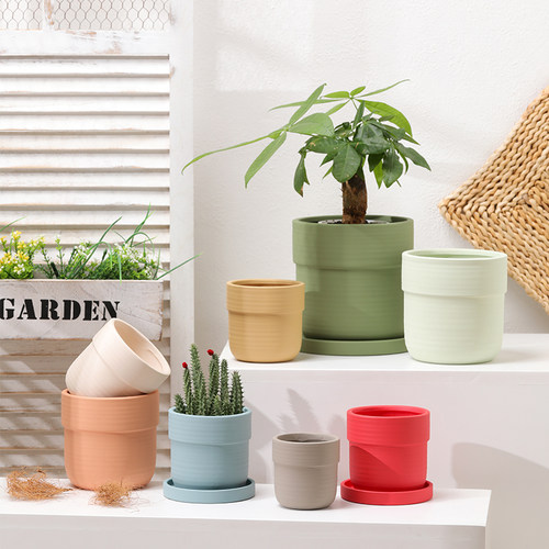 北欧奶油风陶瓷素烧花盆带托盘