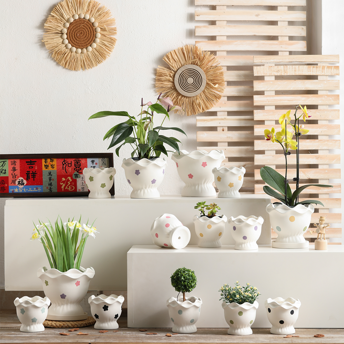 素烧白陶土花盆卡通刻印波点花朵