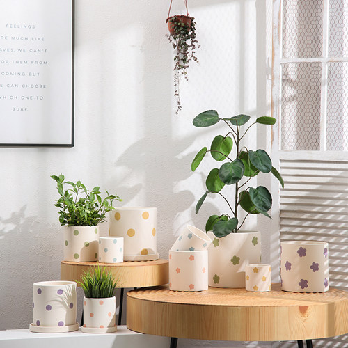 直筒手工彩印素烧白陶土胚花盆器