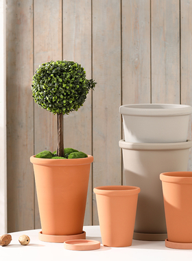 瘦高厚边透气透水红陶花盆带托盘简约灰色摩卡文竹月季绿植鲜花器