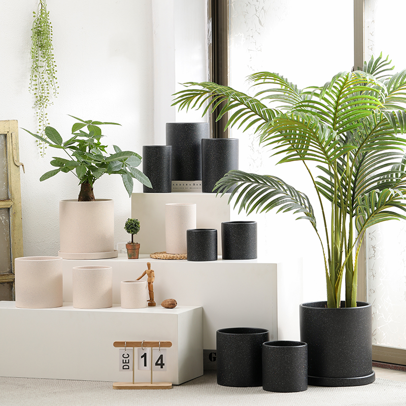 创意喷砂镭射五彩陶瓷花盆圆柱形陶土大号带托盘阳台绿植兰花盆栽