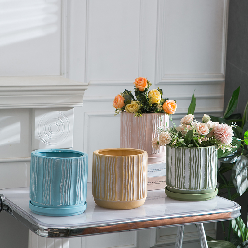 浮雕北欧纹理陶瓷花盆轻奢色彩