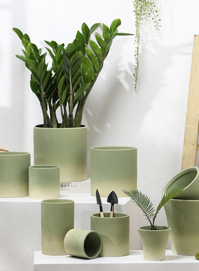 北欧渐变橄榄绿色陶瓷素烧花盆有孔带托盘吸水透气绿植花卉虎皮兰