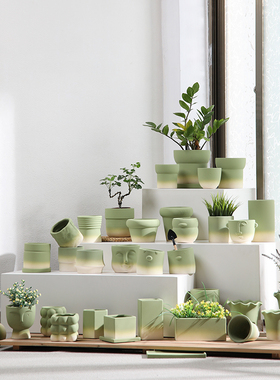 渐变橄榄绿色陶瓷花盆素烧陶土胚透气吸水带托盘兰花盆栽控根多肉