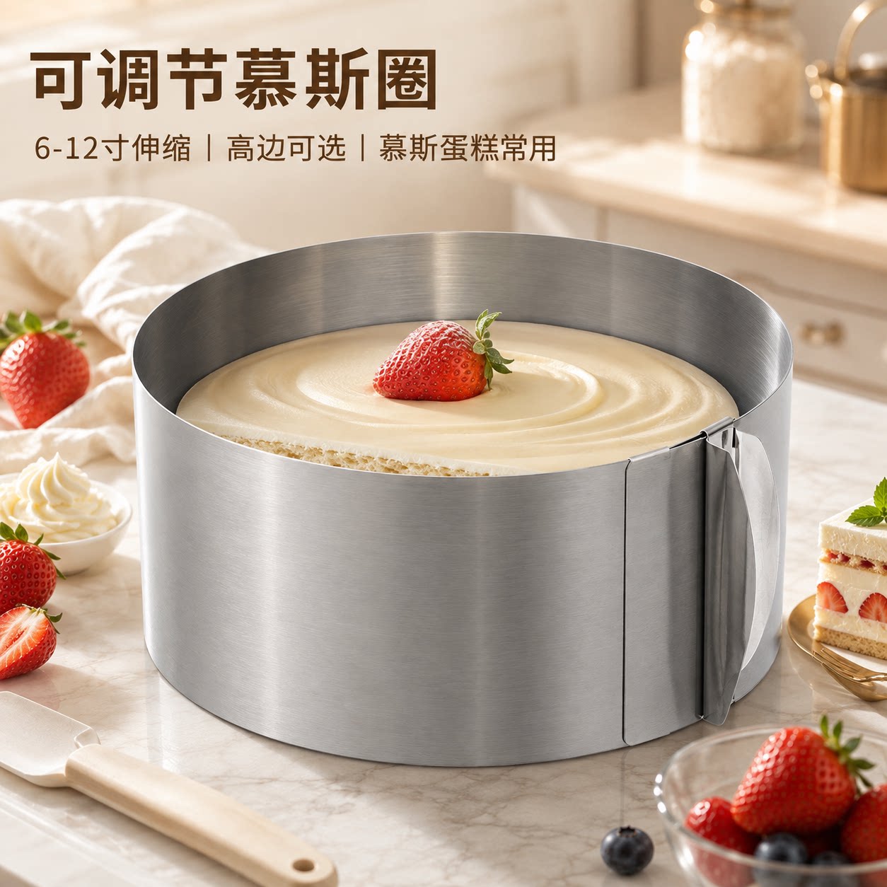 不锈钢慕斯圈加高圆形蛋糕烘焙模具米糕切模提拉米苏6-12寸可调节