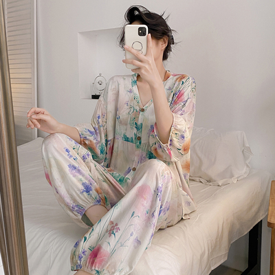 带胸垫夏季绵绸睡衣女套装妈妈宽松棉绸月子空调服家居服薄款大码