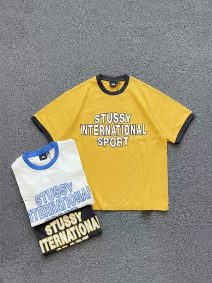 In Stock Stussy 25Ss Sport Ringer Color-Blocked Vintage Logo Letter Heavyweight Short-Sleeve T-Shirt
