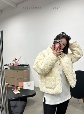 LEDAFOR3 复古菱形格 灯芯绒包边 双口袋 翻领 宽松短款 棉服外套
