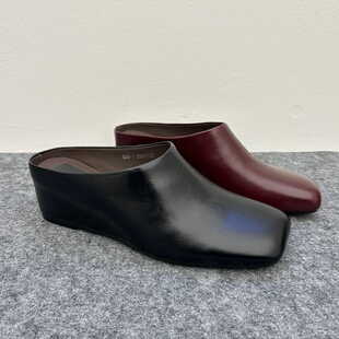 欧洲站2026年新款真皮油蜡胎牛皮方头坡跟鞋增高穆勒鞋半拖鞋女鞋