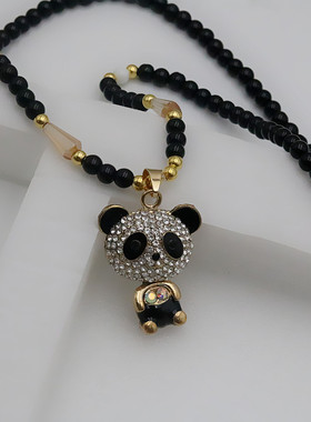 景洋饰品可爱熊猫水晶钻吊坠长项链女黑色珠链毛衣链秋冬衣服挂件
