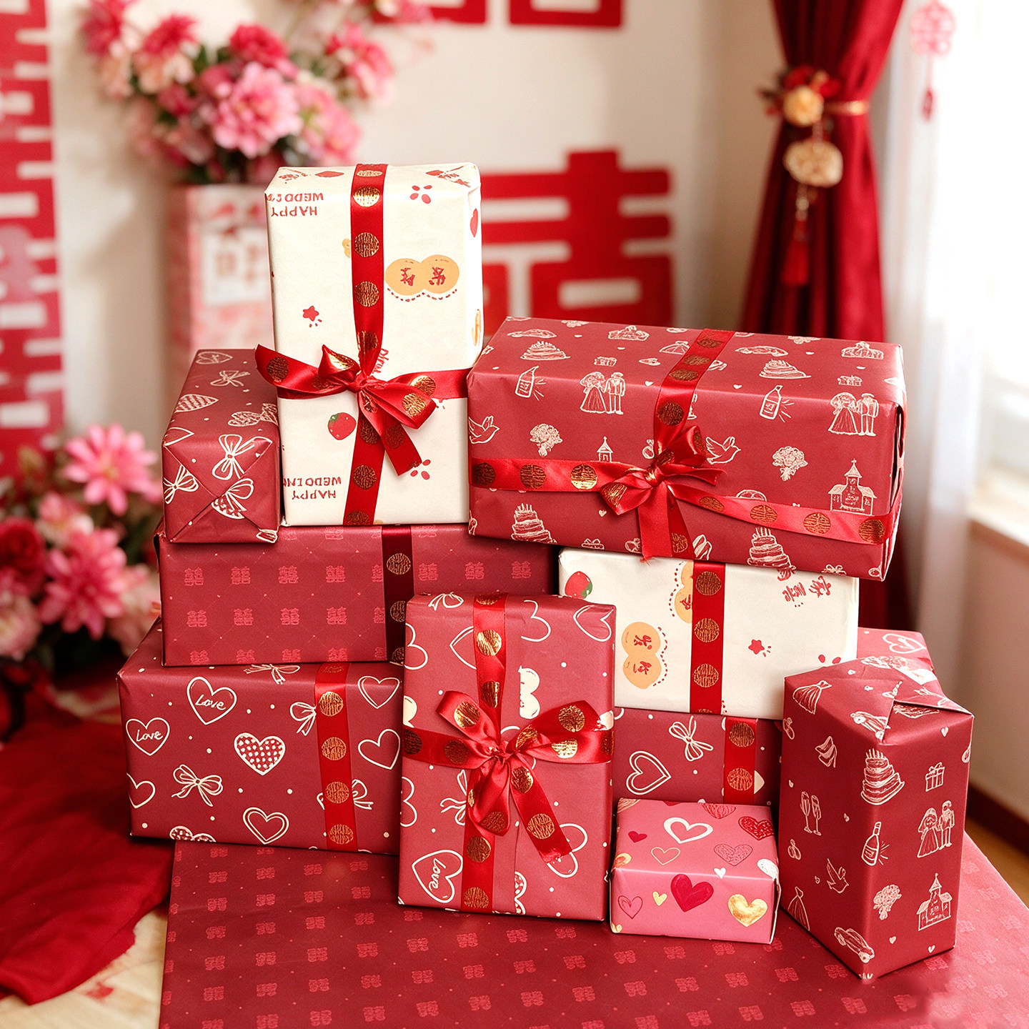 结婚喜字红色加厚包装纸图片