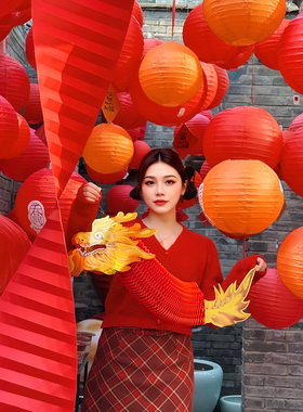 纸灯笼新款2026春节圣诞元旦新年氛围装饰户外古风手工布置黄橙色