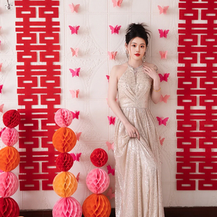 婚房布置套装六连喜字长条喜蝴蝶拉花婚礼装饰客厅卧室结婚拍照