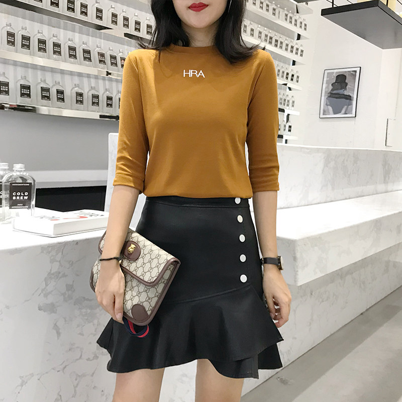 春季新款打底衫纯棉白色修身半高领洋气七分中袖女t恤针织女上衣_虎窝淘