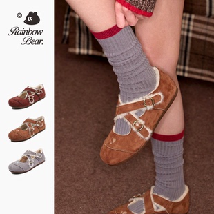彩虹熊女童棉鞋儿童玛丽珍丑萌鞋防滑大童加绒保暖女孩勃肯鞋亲子