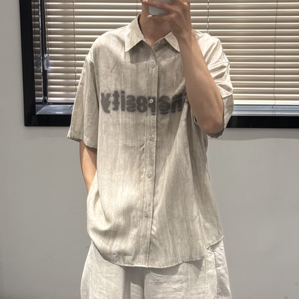 2RX夏季做旧扎染字母印花短袖衬衫男美式复古宽松通勤凉感衬衣潮1