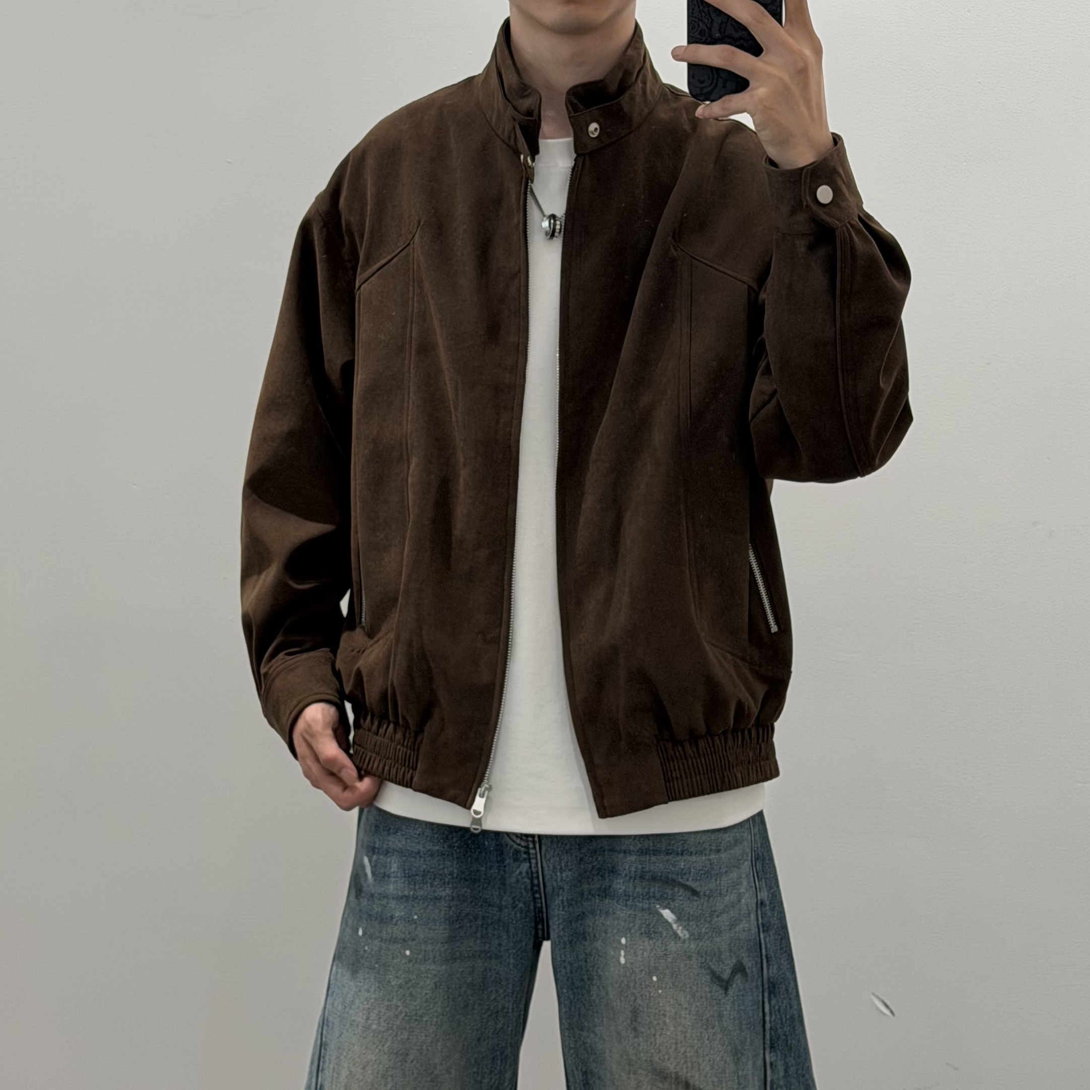 美式复古麂皮绒皮衣外套男秋新款夹克