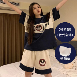 睡衣女夏季带胸垫可爱薄款短袖外穿华夫格甜美少女家居服夏天