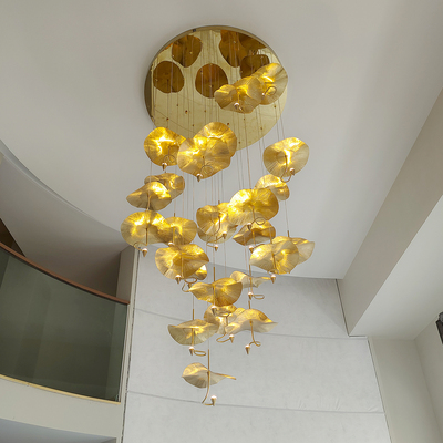 美式复古楼梯灯饰豪宅中空别墅餐厅客厅轻奢单头吊灯全铜荷叶灯具