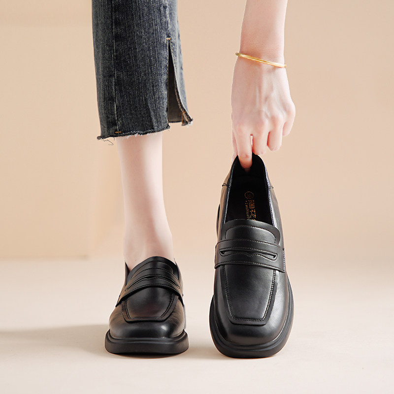 真皮超软英伦风乐福鞋女平底真皮一脚蹬百搭舒适单鞋黑色