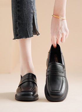 真皮超软英伦风乐福鞋女平底真皮一脚蹬百搭舒适单鞋黑色