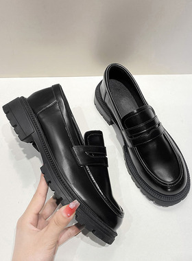真皮英伦风小皮鞋女厚底鞋单鞋黑色复古乐福鞋上班鞋百搭中跟职业