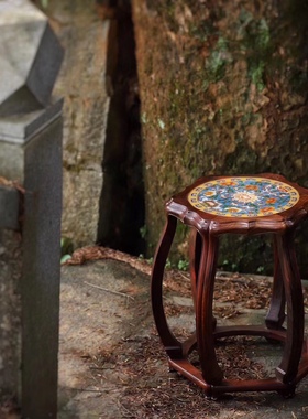 老挝大红酸枝海棠凳圆鼓凳实木交趾黄檀血檀椅凳茶室鼓墩红木家具