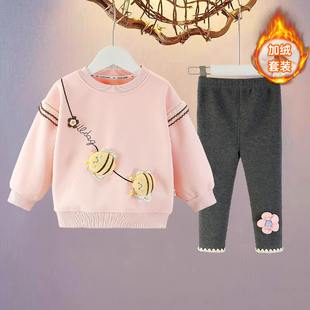 女童卫衣加绒套装2026新款秋冬保暖卡通可爱宝宝上衣打底裤两件套