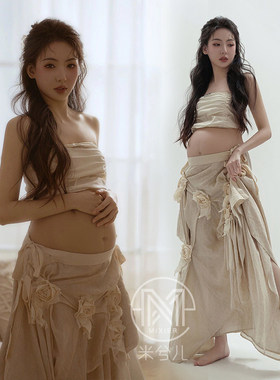 孕妇拍照写真服装丝麻不规则长裙