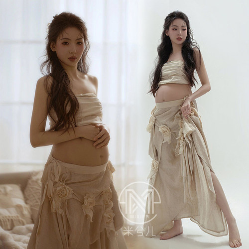 孕妇拍照写真服装丝麻不规则长裙