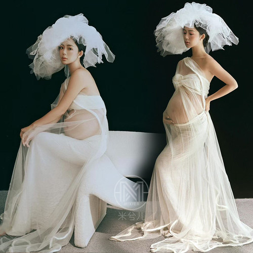 纯欲白纱抹胸半身裙孕妇拍照服装