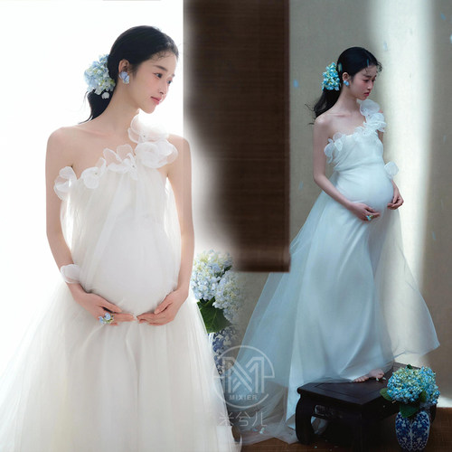 孕妇照服装花朵白色网纱礼服出租