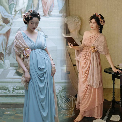 孕妇拍照服装油画希腊褶皱礼服裙