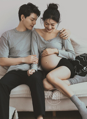 孕妇照服装灰色简约一字肩情侣孕妈咪艺术照孕姿影楼大肚照衣服