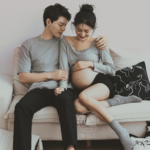 孕妇照服装灰色简约一字肩情侣孕妈咪艺术照孕姿影楼大肚照衣服