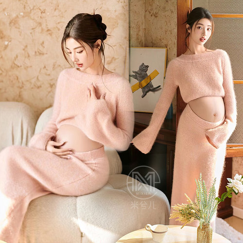 孕妇拍照服装法式甜美粉慵懒毛衣