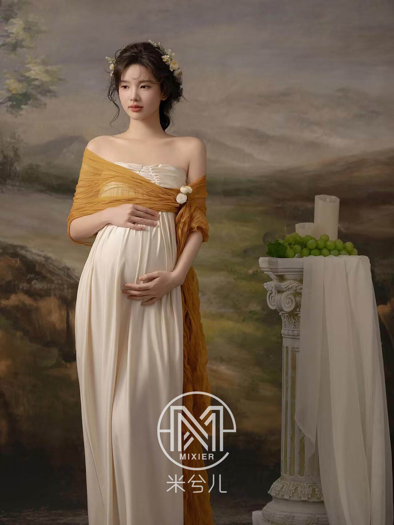 출산 사진 의류 3034 사진 스튜디오 프랑스어 유화 그리스 궁전 복고풍 배꼽 사진 임신 어머니 드레스 스커트 대여