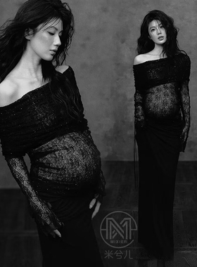 影楼孕妇拍照服装大肚照孕姿法式复古赫本风黑色蕾丝套装出租3295