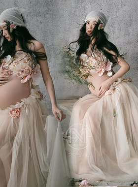 3127春日新款影楼孕妇拍照大肚摄影孕姿服装仙气花朵网纱礼服出租