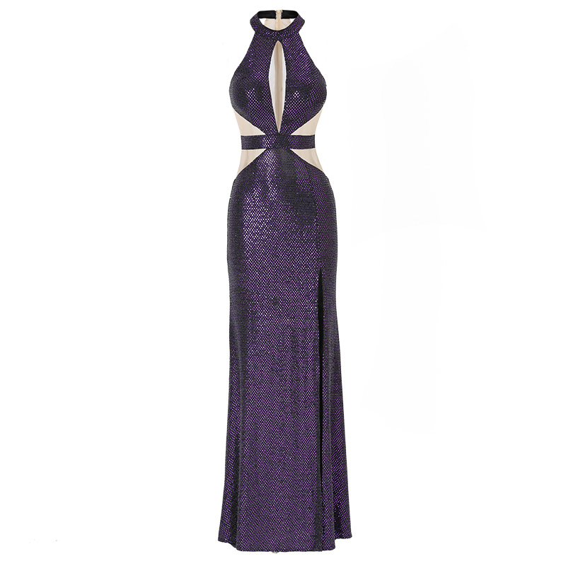 Nail sequins, fitted purple colored elite evening dress, backless Nail sequins, fitted purple colored elite evening dress, backless