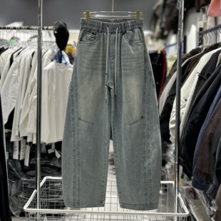 CYC潮牌抽绳复古小弯刀阔腿牛仔裤男痞帅水洗拼接宽松直筒裤9822