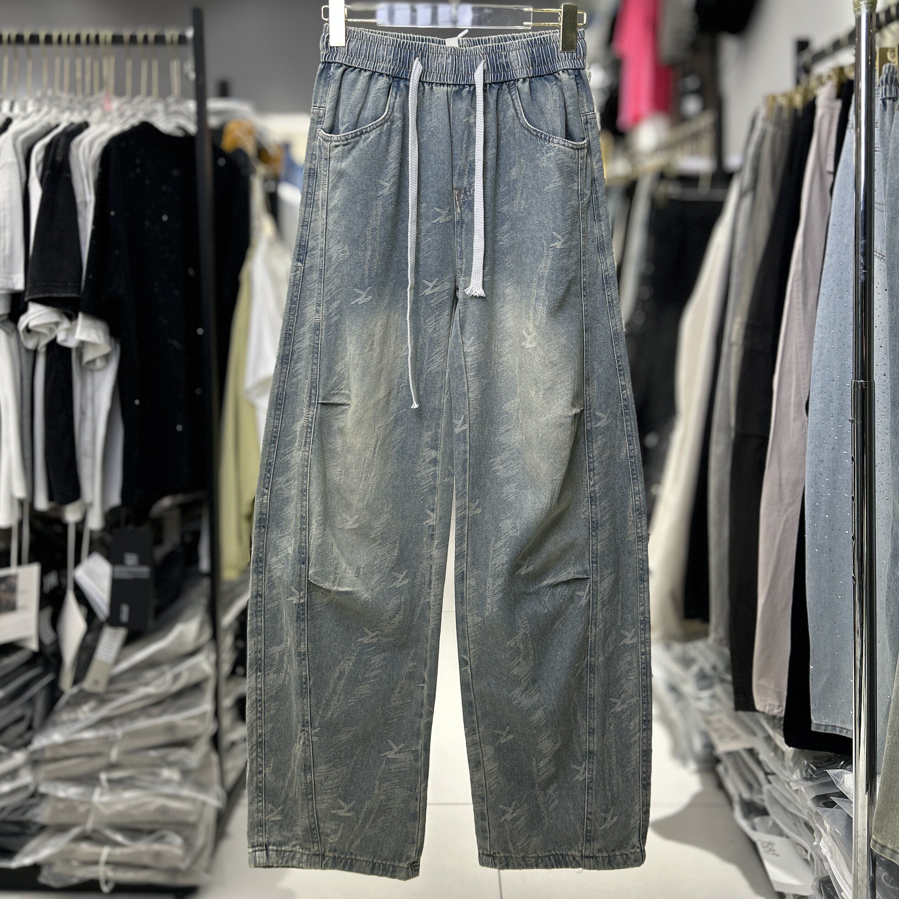 CYC潮牌夏薄款软牛仔裤松紧腰阔腿裤暗纹提花做旧水洗长裤子9889