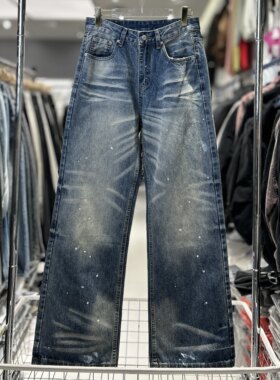 CYC潮牌美式复古水洗猫须牛仔裤男漆点阔腿痞帅宽松直筒长裤6942