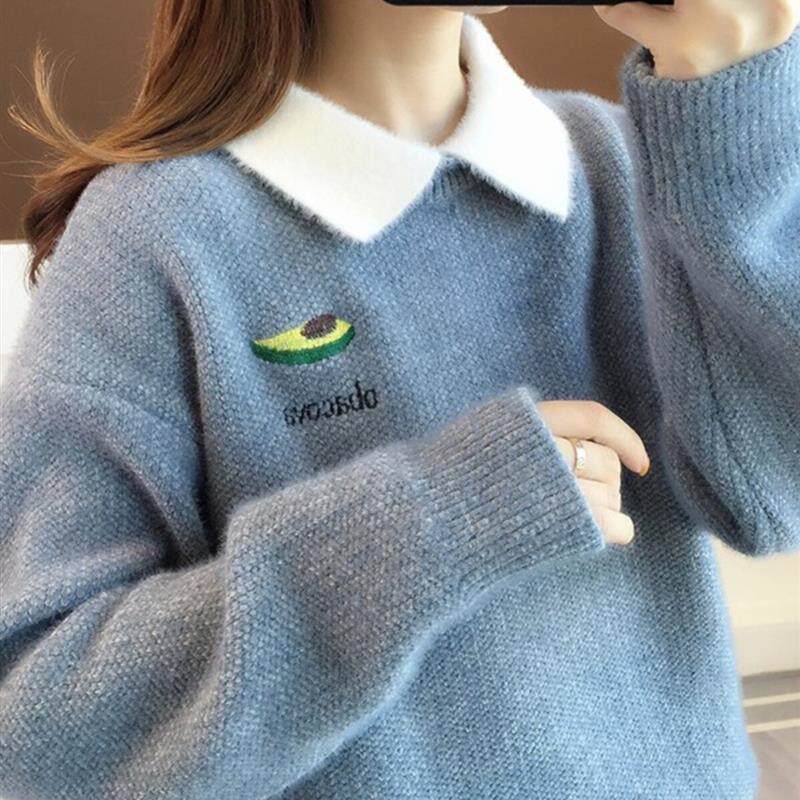 娃娃领女士印花毛衣2025秋冬新款韩版宽松针织打底衫短款加厚上衣