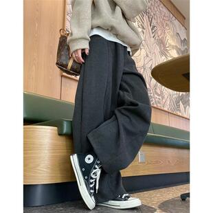 梨型身材灰色加绒裤子宽松bf慵懒风加厚毛呢阔腿裤女款胖mm休闲裤