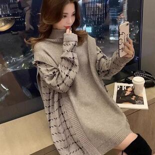 韩版宽松假两件毛衣女打底衫秋冬大码胖妹妹显瘦中长款针织连衣裙