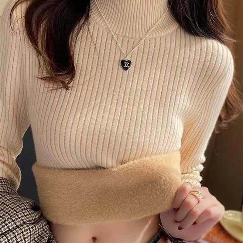 加绒毛衣女加厚秋冬内搭一体绒东北冬季半高领打底衫白色保暖上衣