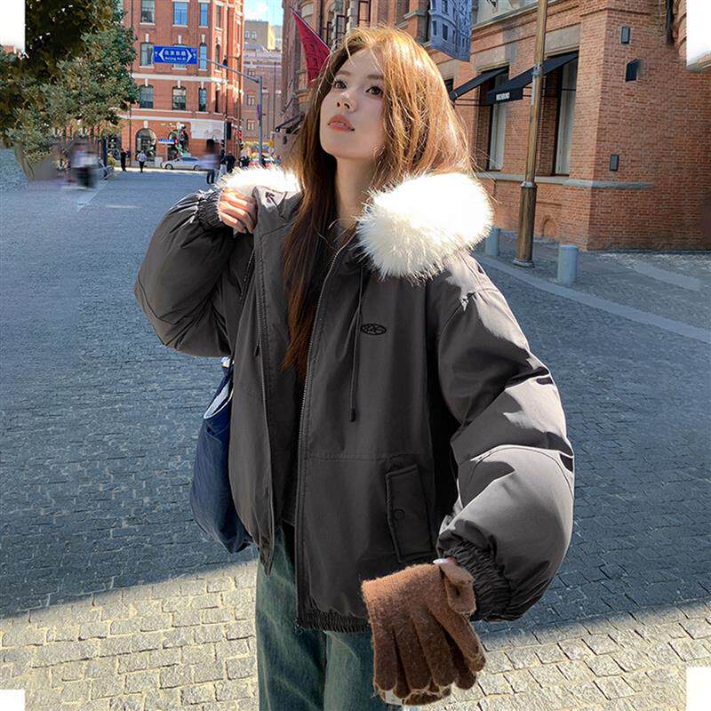 工装羽绒服女冬季加厚学生外套2025年新款宽松休闲连帽棉服派克服